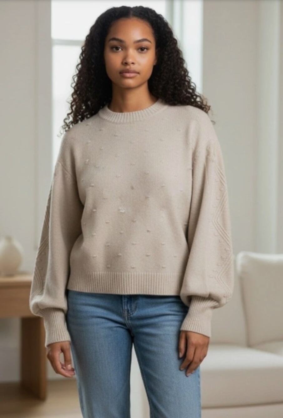 Crown & Ivy Swiss Dot Textured Knit Sweater Cream Pullover